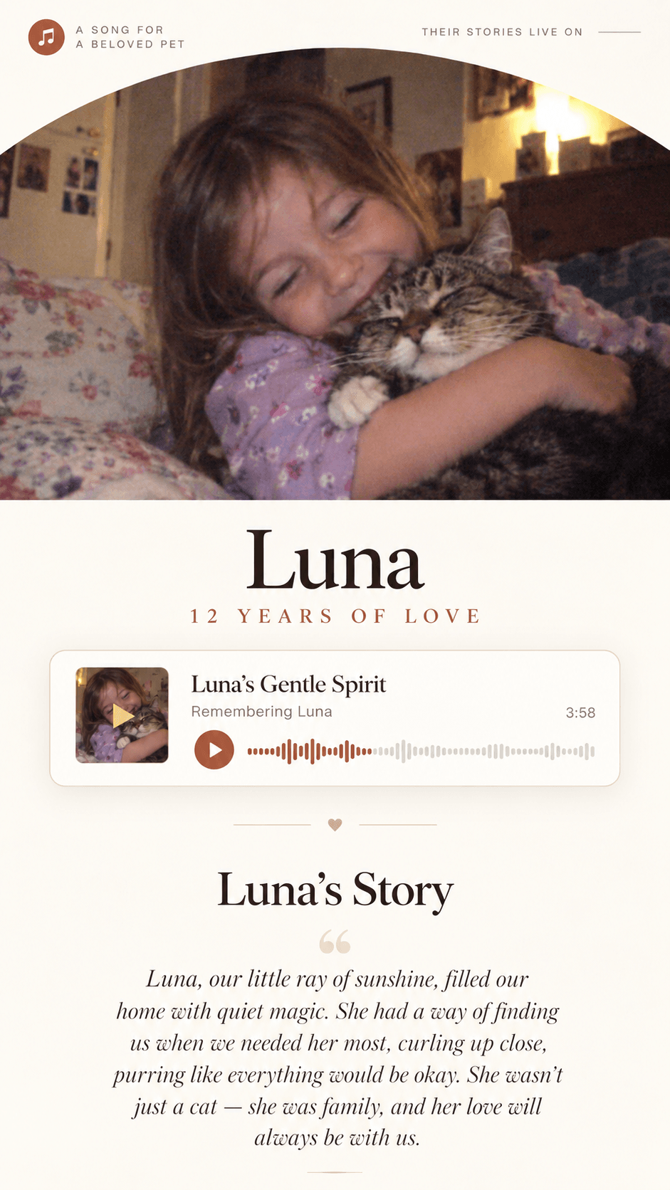La page mémorial d’une chatte nommée Luna : sa photo, sa chanson et son histoire